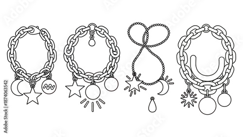 A colorful illustration of four bracelets with charms on a pink background