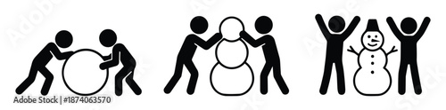people making a snowman, winter fun, stick figure human silhouette, stickman icon set