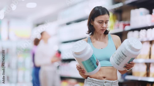  Adult woman buyer choosing jar of sports nutrition at sports nutrition store