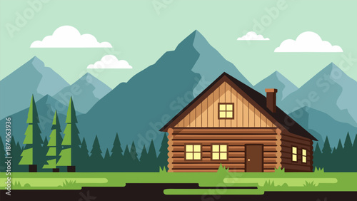 Cozy wooden cabin in the mountains, flat vector illustration of a rustic log house nestled in nature