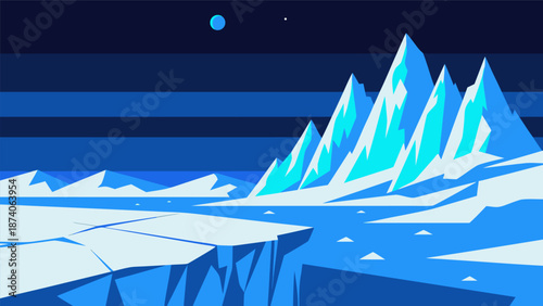 Arctic Landscape Vector Illustration of Icebergs and Frozen Water Under a Clear Blue Sky