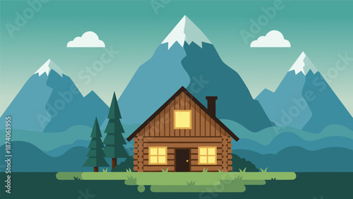 Cozy mountain cabin vector illustration with pine trees and snow-capped peaks on a clear day