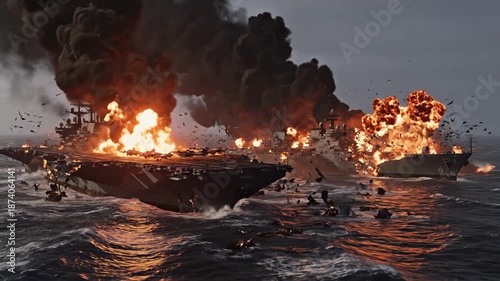 Two Aircraft Carriers Exploding in the Ocean During Daytime with Dark Smoke and Fire