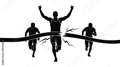 A triumphant athlete crosses the finish line with arms raised in victory