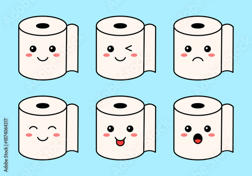 Cute toilet paper characters set with funny different facial expressions. Playful kawaii vector illustration. ideal for stickers, emojis, kids design, bathroom decor, packaging, and humorous graphics.
