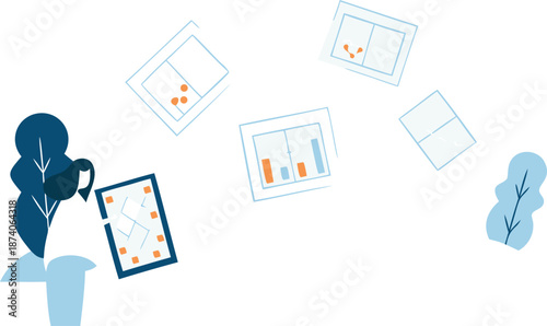 Flat illustration of business professional monitoring key performance indicators on multiple screens displaying graphs