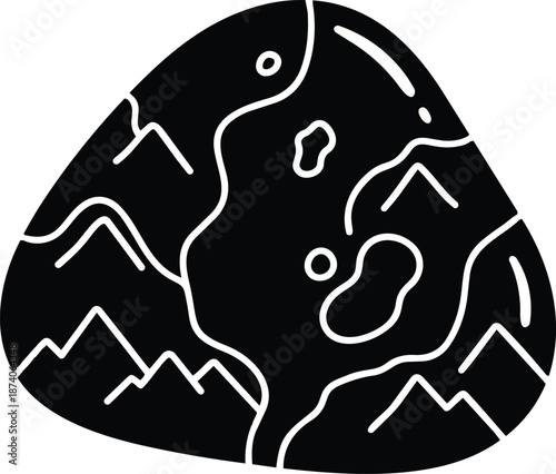 A simple black and white line art representation of planet earth with mountains and water bodies