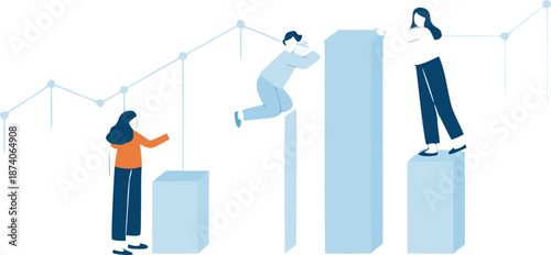 Isometric illustration of people working together to analyze data and grow business with graphs and charts with analytics