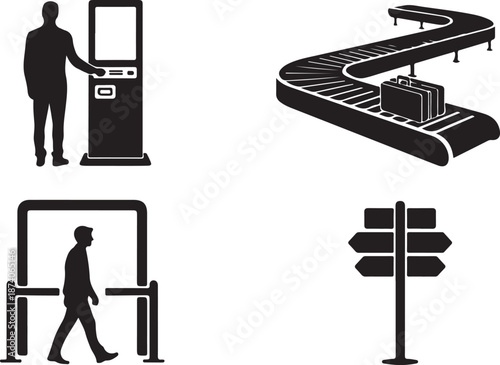 Black and white of airport check-in and baggage claim luggage travel