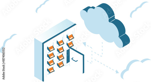Isometric illustration of a cloud vault organizing and storing data with multiple files and folders in a secure online storage
