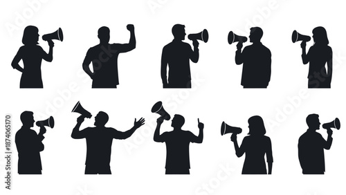 A group of people silhouettes holding megaphones in different poses and gestures