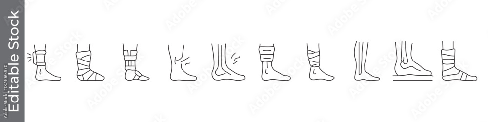 Fototapeta premium Ankle and foot injury icon set – editable outline symbols of sprain, swelling, bandage, pain and medical care