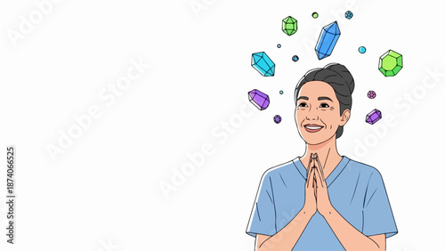 Woman with clasped hands looking up, admiring healing crystals. Illustration shows a peaceful woman surrounded by colorful gems, symbolizing spiritual well being, inner calm.