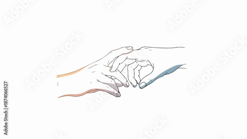 Stylized helping hands illustration, showing two hands gently reaching out on minimalist white background. Helping hands gesture represents support, empathy, assistance, conveying care.