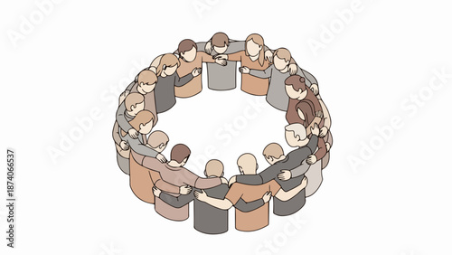 People forming a supportive community circle, embracing each other in symbol of unity. Diverse individuals stand together in a harmonious community circle, fostering connection and belonging.
