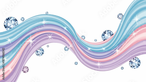 Pastel waves with sparkling diamonds on white background create iridescent design. Flowing pastel waves with glittering gems illustrate elegant abstract pattern. Concept pastel waves for celebrations,