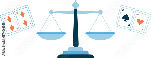 A conceptual representation of workflow balance with a scale and playing cards symbolizing harmony and equilibrium in business