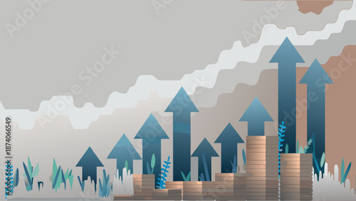 Flat vector illustration showing market growth analysis with rising arrows on stacks of coins with financial analysis and business success and economic growth