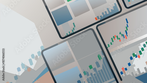 Flat vector illustration of mobile stock trading on multiple smartphones with colorful graphs and charts on screens with flat design and smartphone screens