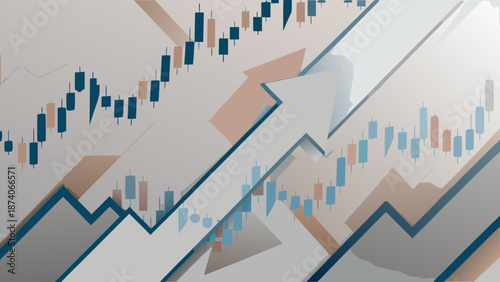 Flat vector illustration of stock market trading with upward trend arrow and candlestick charts on a modern background with flat design and financial