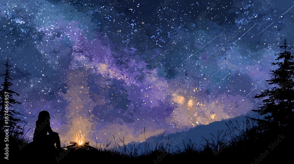 Fototapeta premium Silhouette figure observes a vivid, starry night sky with a campfire and mountain silhouettes