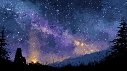 Silhouette figure observes a vivid, starry night sky with a campfire and mountain silhouettes