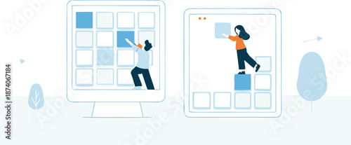 Vector illustration of people organizing content on digital devices for online learning platform with modern minimalist style