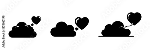 Set of 3 Black Cloud and Heart Icons Vector