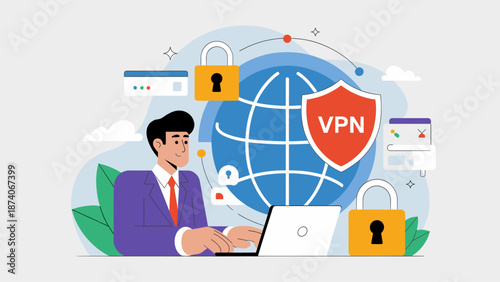 businessman at a laptop with a vpn shield and globe flat vector illustration