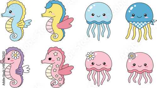 Cute Sea Life Character Set Featuring Kawaii Seahorses and Jellyfish with Floral and Nautical Accessories.