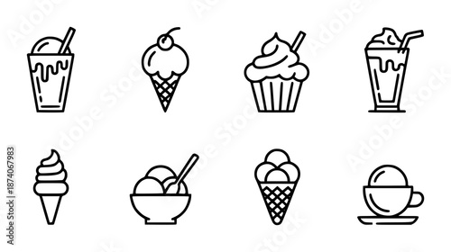 Collection of black outline representing various ice cream desserts and drinks food sweet