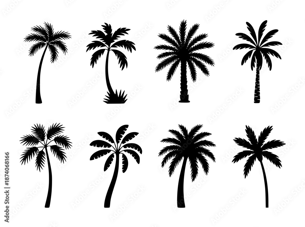 Naklejka premium Collection of black silhouette palm trees with varied trunk shapes and frond styles a white background