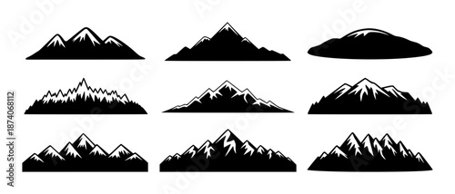 Collection of black silhouette mountain range with sharp peaks and snow accents mountains