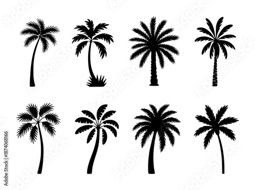 Collection of black silhouette palm trees with varied trunk shapes and frond styles a white background