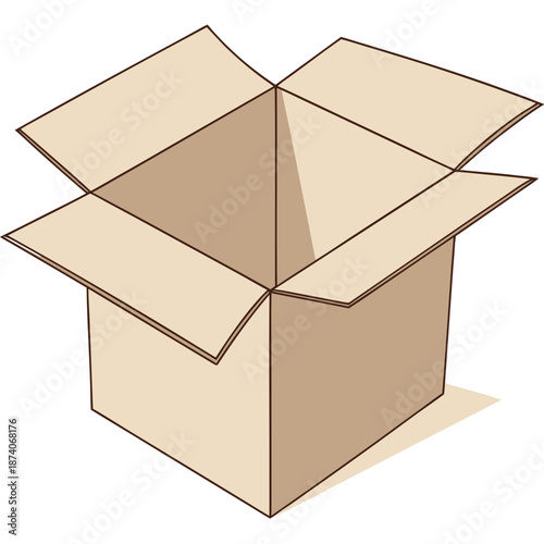 Open cardboard box with flaps up on white background
