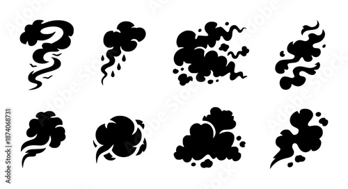 Collection of stylized black smoke cloud with varied shapes and wisps