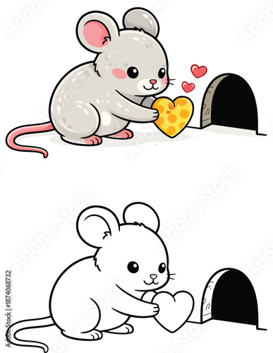 A coloring page and vector picture of a cute mouse clutching a heart-shaped cheese next to a mousehole Isolated Valentine's Day animal