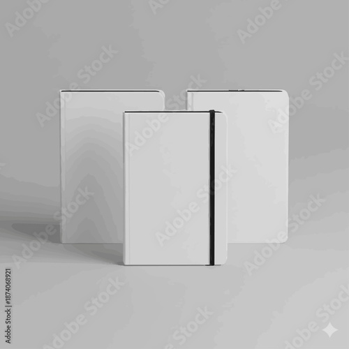  Create a Front and back view of the notebook cover. White cover moleskine mockup on vector art gray background. 3d rendering..