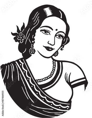 Traditional Indian Woman Portrait in Saree Black and White Vector Illustration