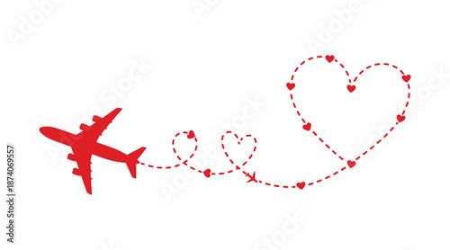 Air travel route line. A symbol of travel, representing the concept of a romantic journey, particularly for Valentine's Day. Dashed flight path.
