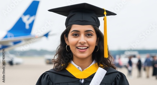 a young female graduate in black gown with yellow stole standing on an airport runway with an airplane in the background.