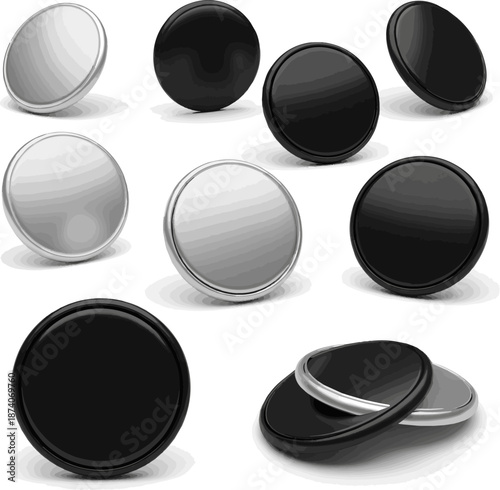 Create a kinds of deferent Empty enamel pin mockup - Blank round Black silver lapel badge mock up vector art with white background..