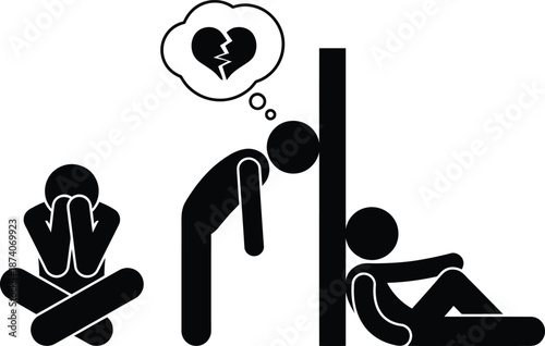 A conceptual illustration showing various emotional states of sadness, despair, and heartbreak