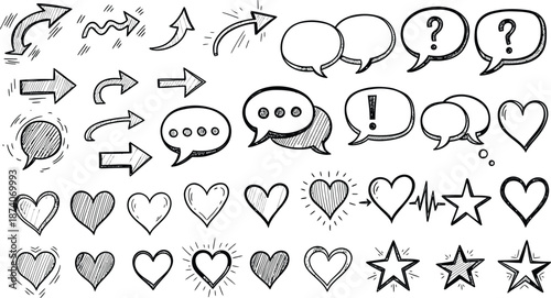 Collection of hand drawn speech bubbles arrows hearts and stars