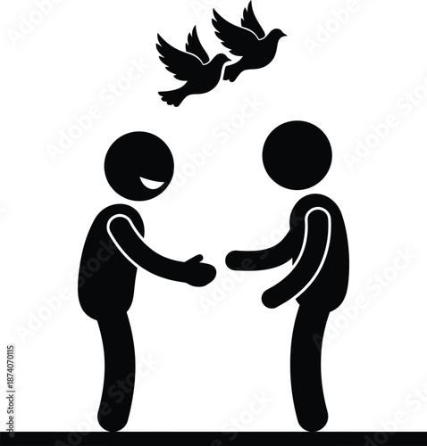 Two stick figures reaching an agreement or reconciliation under the symbol of peace