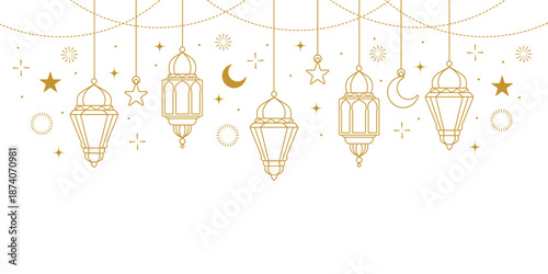 illustration of islamic lantern hanging line art decoration.crescent and star line style border banner design