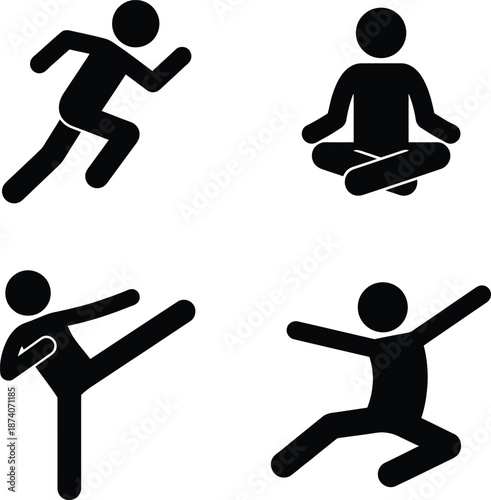 A collection of four black stick figure icons representing various forms of physical activity and exercise