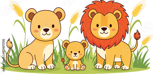 Bild auf Leinwand Cute Lion Family Illustration with Father Lion, Mother Lioness, and Little Cub in a Grassy Field with Wheat Stalks