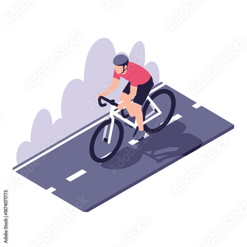 Cyclist riding a bicycle on a road with clouds in the background.