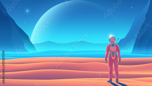 Colorful space background with an astronaut standing on an alien planet
